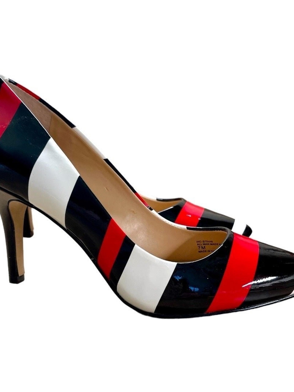 INC International Concepts Red Black White Striped Patent Pointed-Toe Pumps